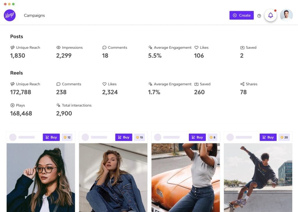 Vamp campaign dashboard showing influencer performance and real-time metrics.